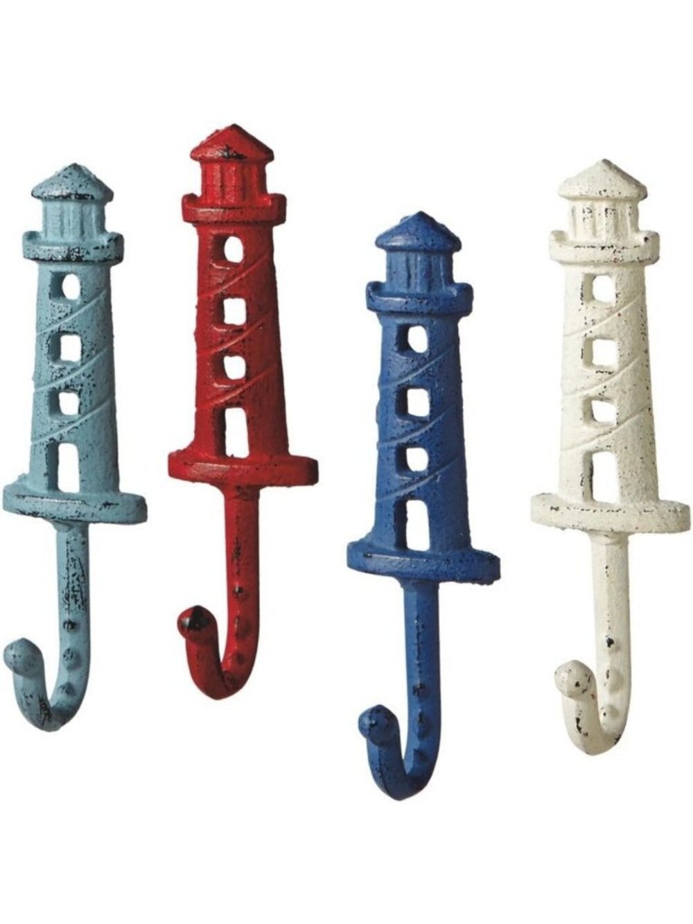 Antique Style Weathered Wall Hooks Set of 4 - Coastal Decor, Aqua & Red Colors